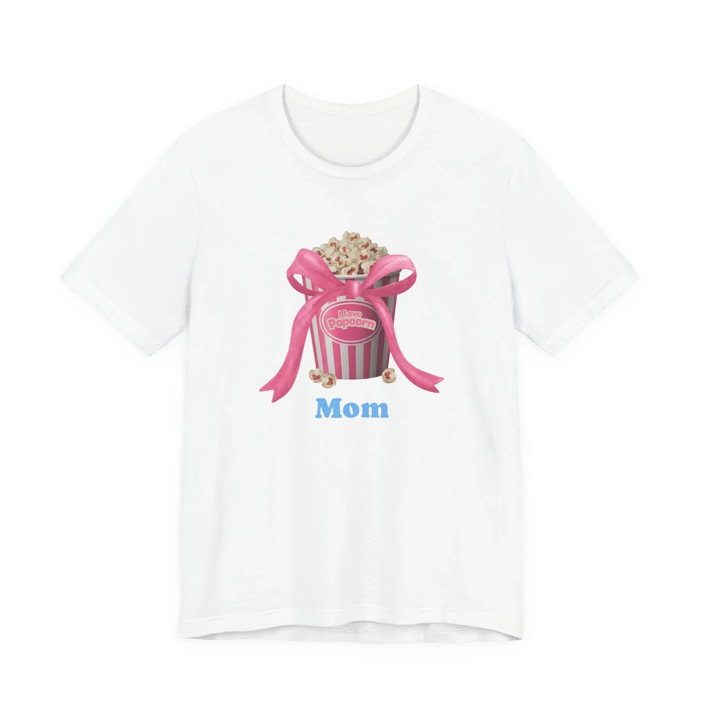 White t-shirt with pink popcorn bucket graphic, pink ribbon bow, and blue text Mom