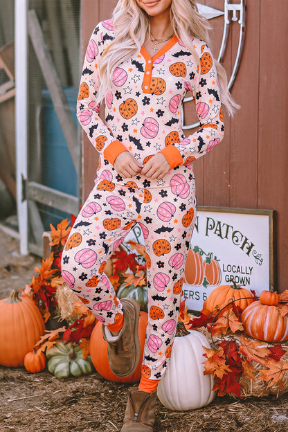 Pink Halloween Pumpkin Print Long Sleeve Lounge Set