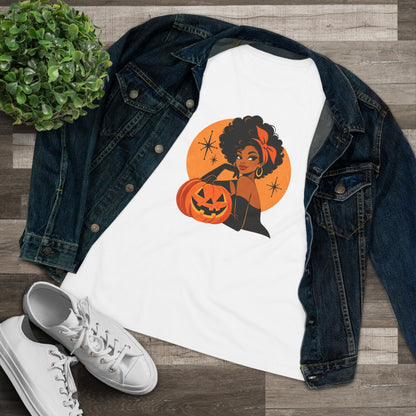 White pumpkin glam shirt styled with denim jacket and sneakers