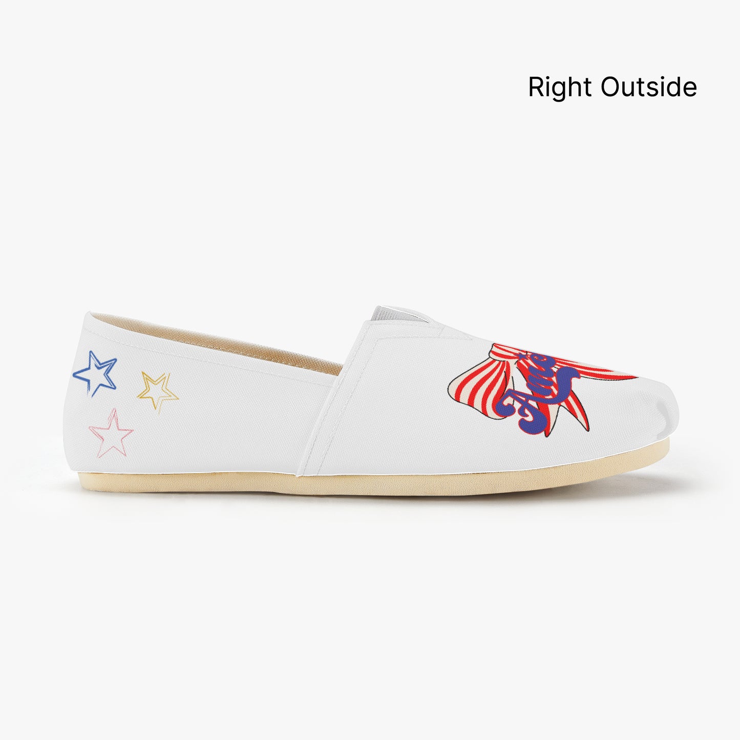 White shoes with red, white, and blue America text and red and white strip bow designs - right outside of shoe
