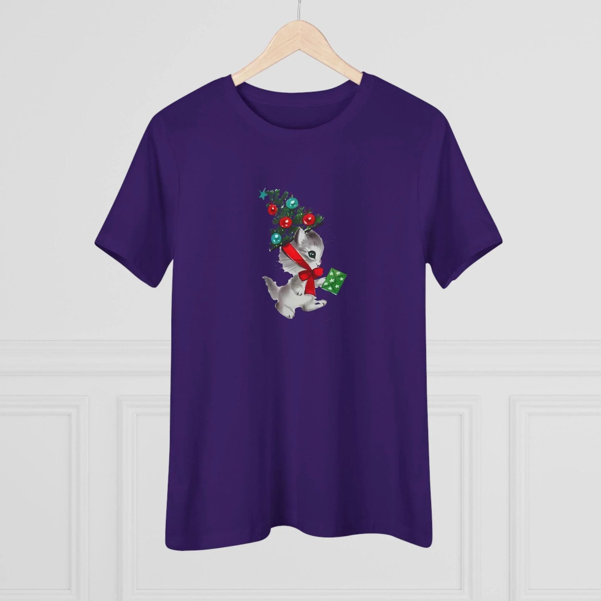 Kittie with Christmas Tree Hat and Card - Women's Softstyle Tee - Whippie's