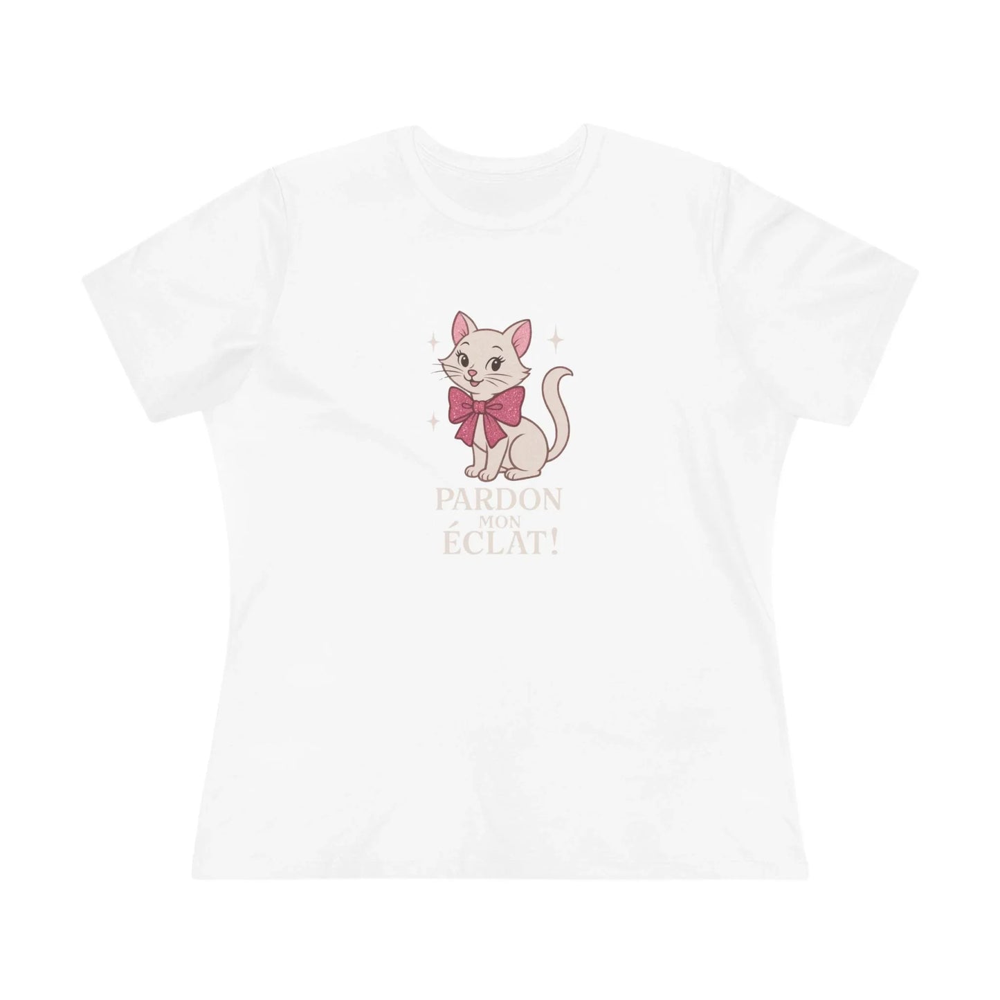 Pardon Mon Éclat White Sparkly Cat with Pink Bow Women's Tee - Whippie's