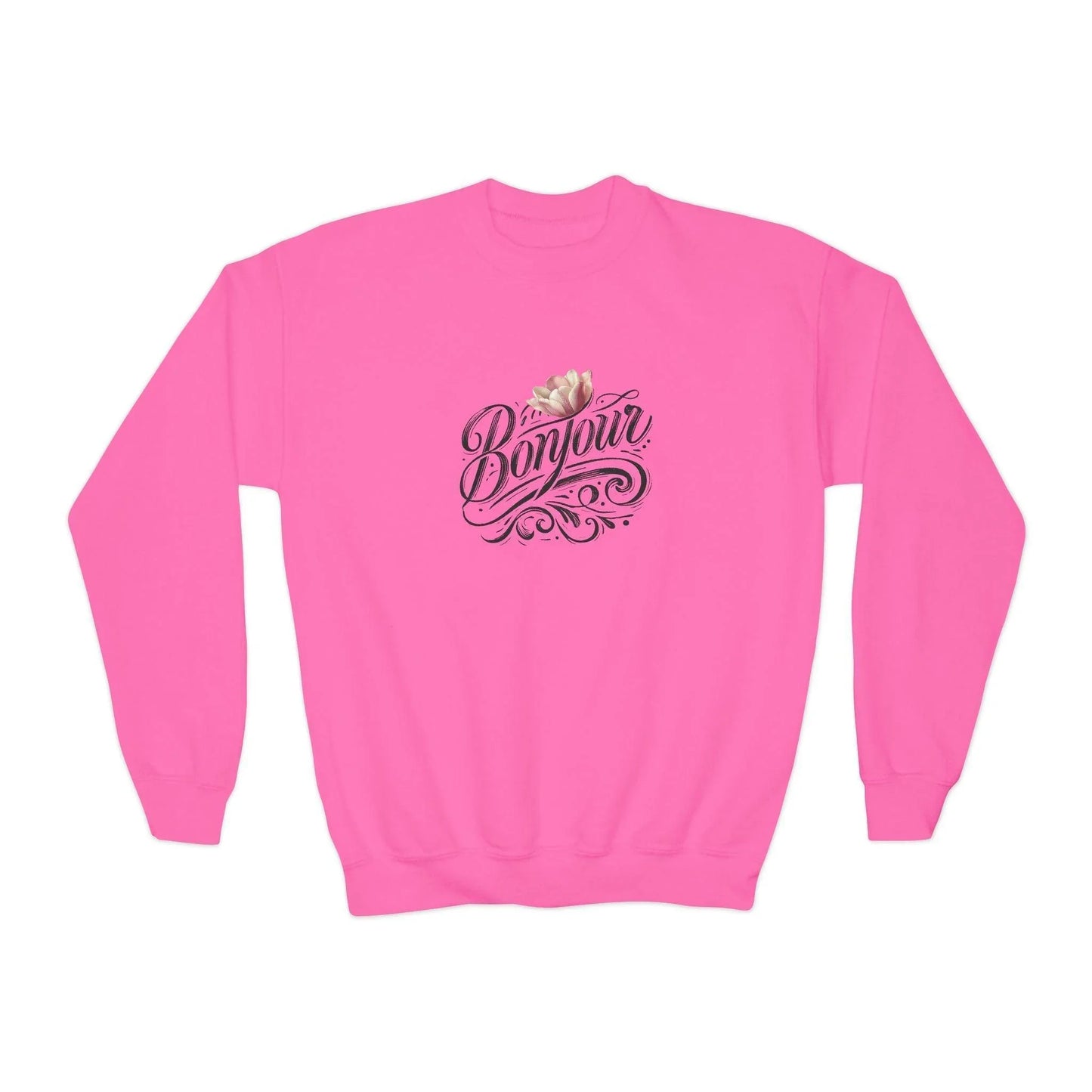 Bonjour! Youth Crewneck Sweatshirt 🌸✨ Kids Cozy Sweater 💖 - Whippie's