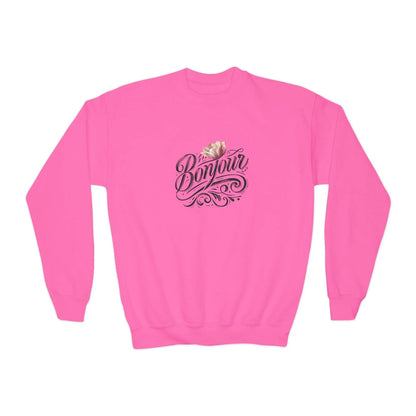 Bonjour! Youth Crewneck Sweatshirt 🌸✨ Kids Cozy Sweater 💖 - Whippie's