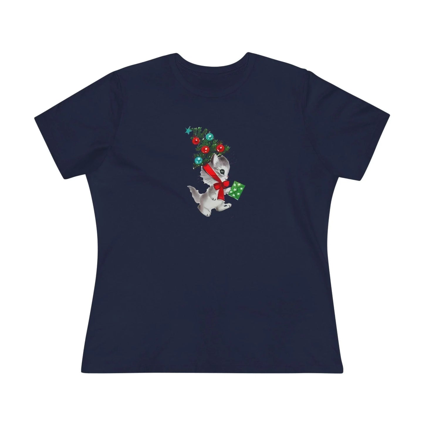 Kittie with Christmas Tree Hat and Card - Women's Softstyle Tee - Whippie's