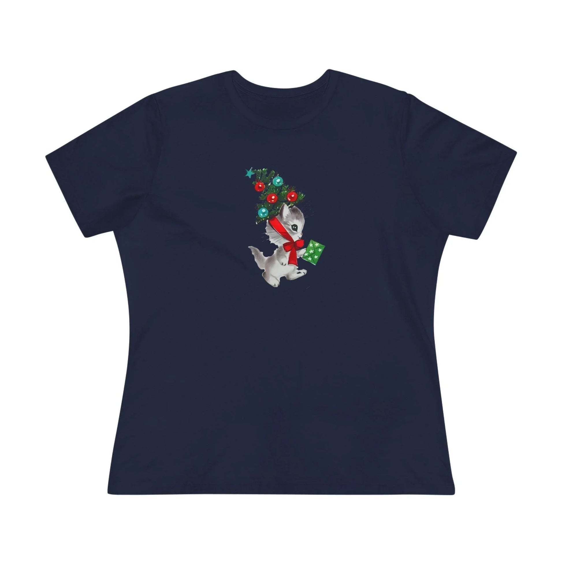 Kittie with Christmas Tree Hat and Card - Women's Softstyle Tee - Whippie's