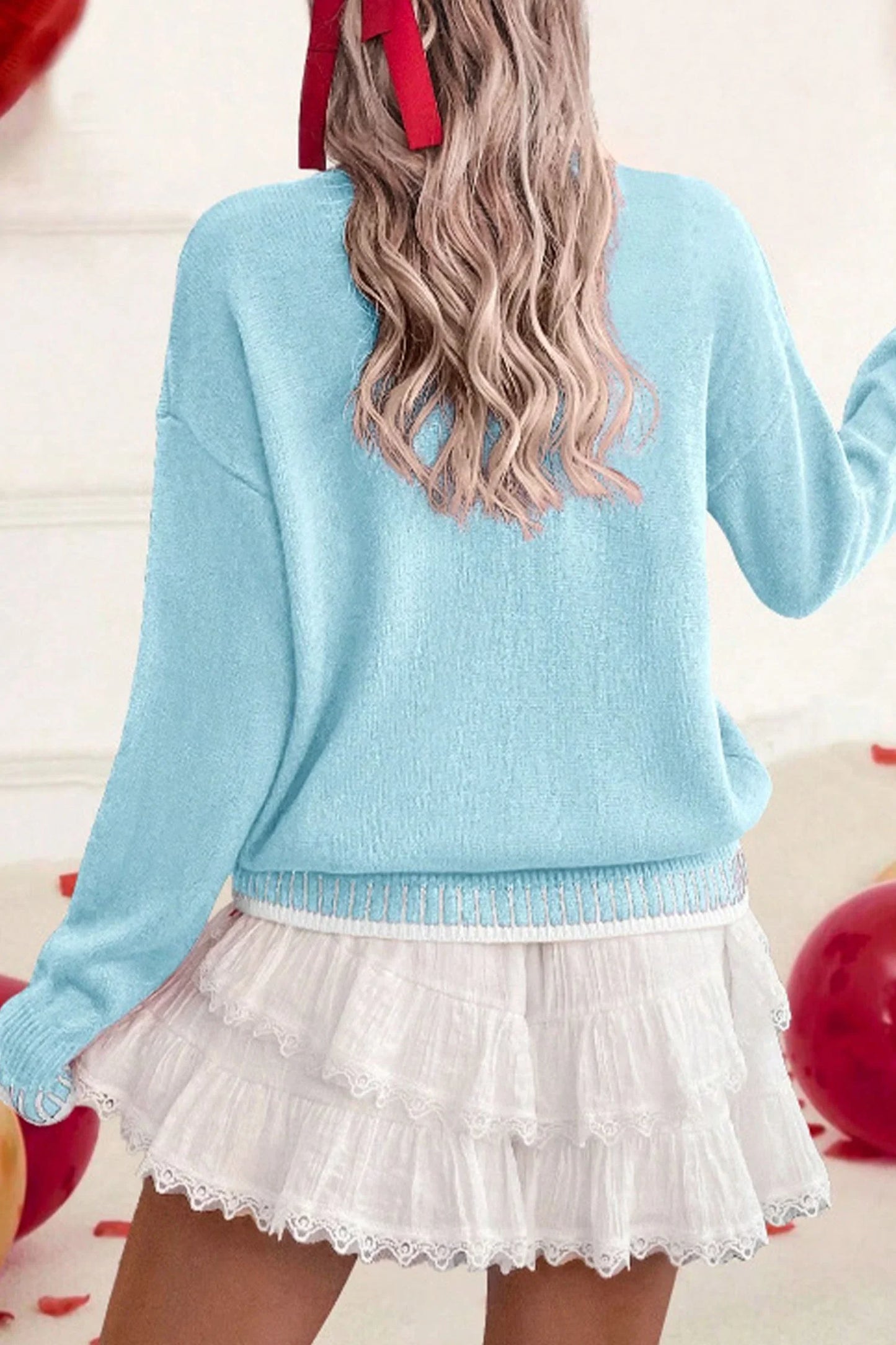 Light Blue Chenille Love Sweater | Valentine Boutique