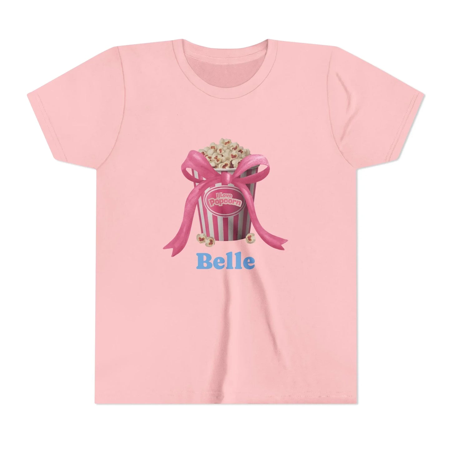 Pink t-shirt with popcorn bucket graphic tied with pink ribbon and blue text Belle