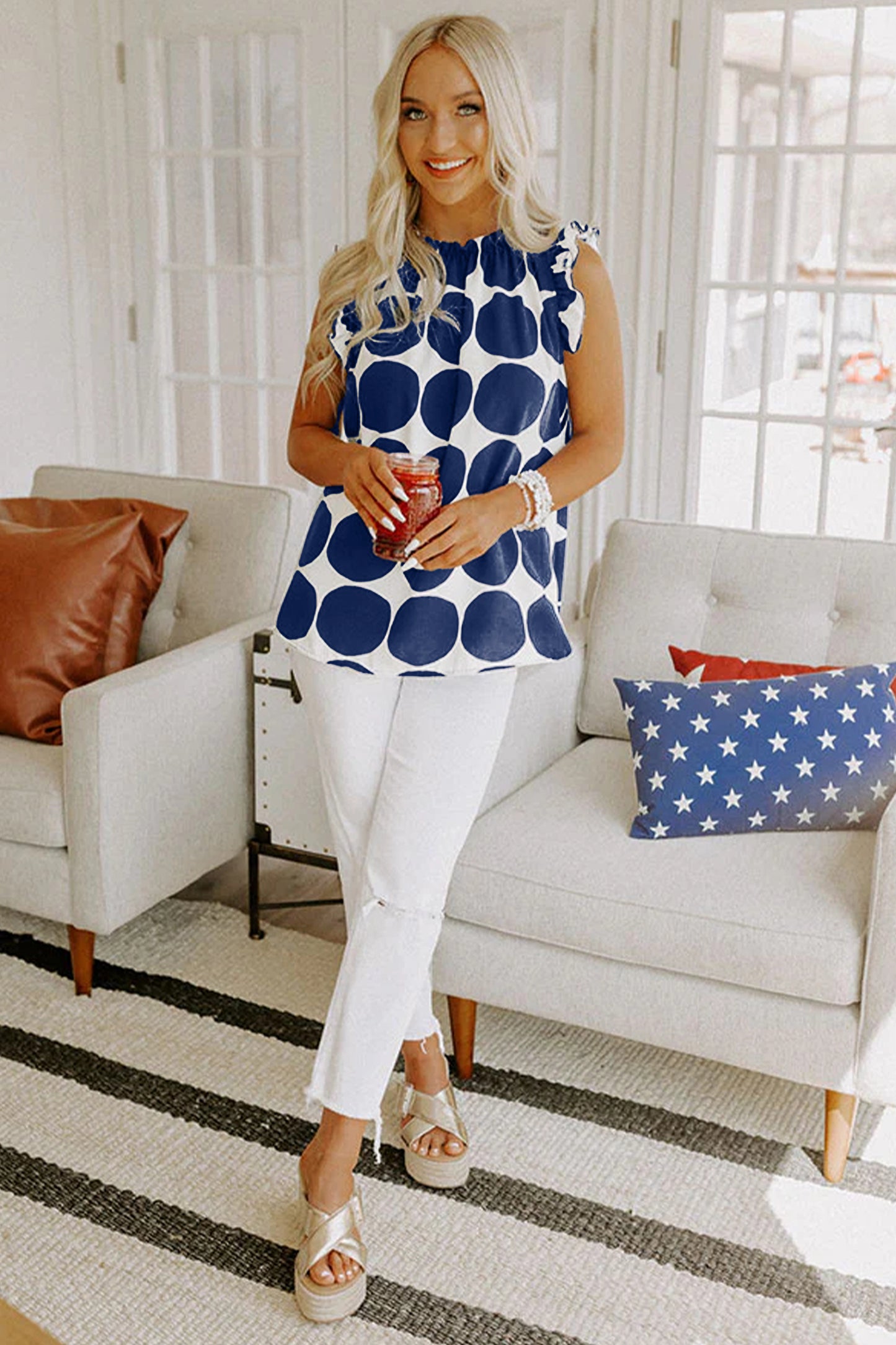 Blue Polka Dot Frilled Round Neck Tank Top