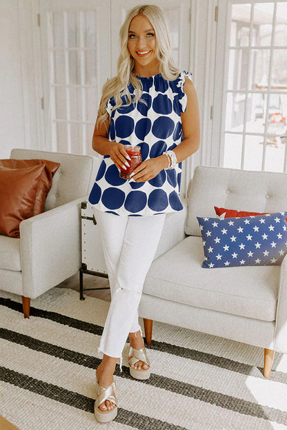 Blue Polka Dot Frilled Round Neck Tank Top