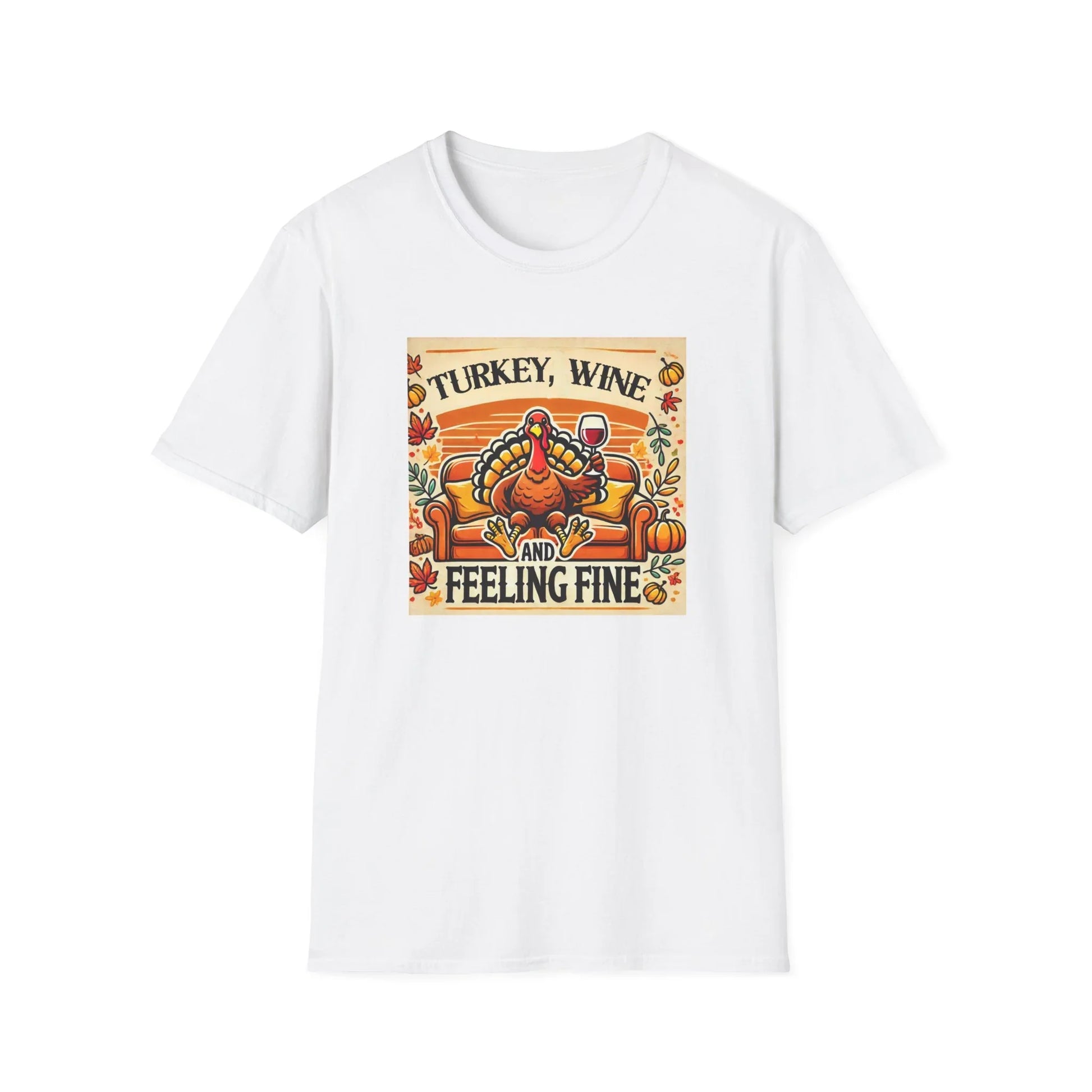 White t-shirt with a graphic of a turkey, wine glasses, and pumpkins on a white background
