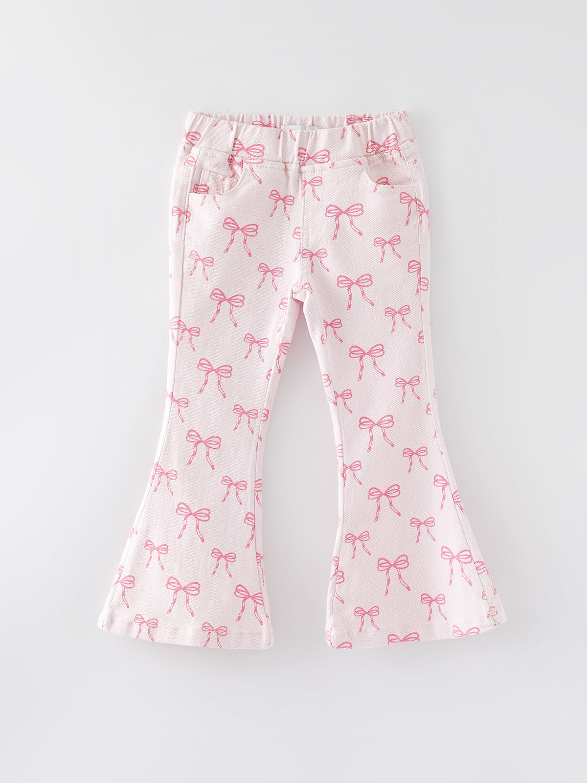 Fall Girls Pink Bow Print Elastic Flared Jeans Denim Pants