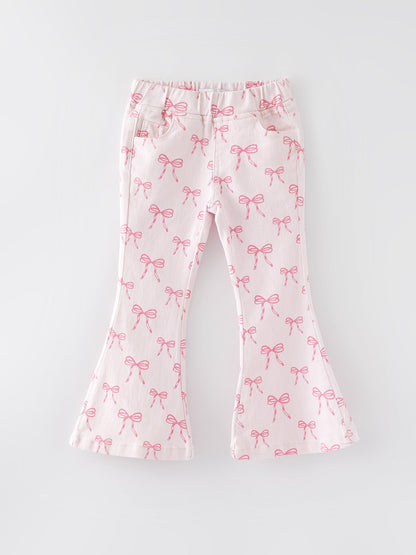 Fall Girls Pink Bow Print Elastic Flared Jeans Denim Pants