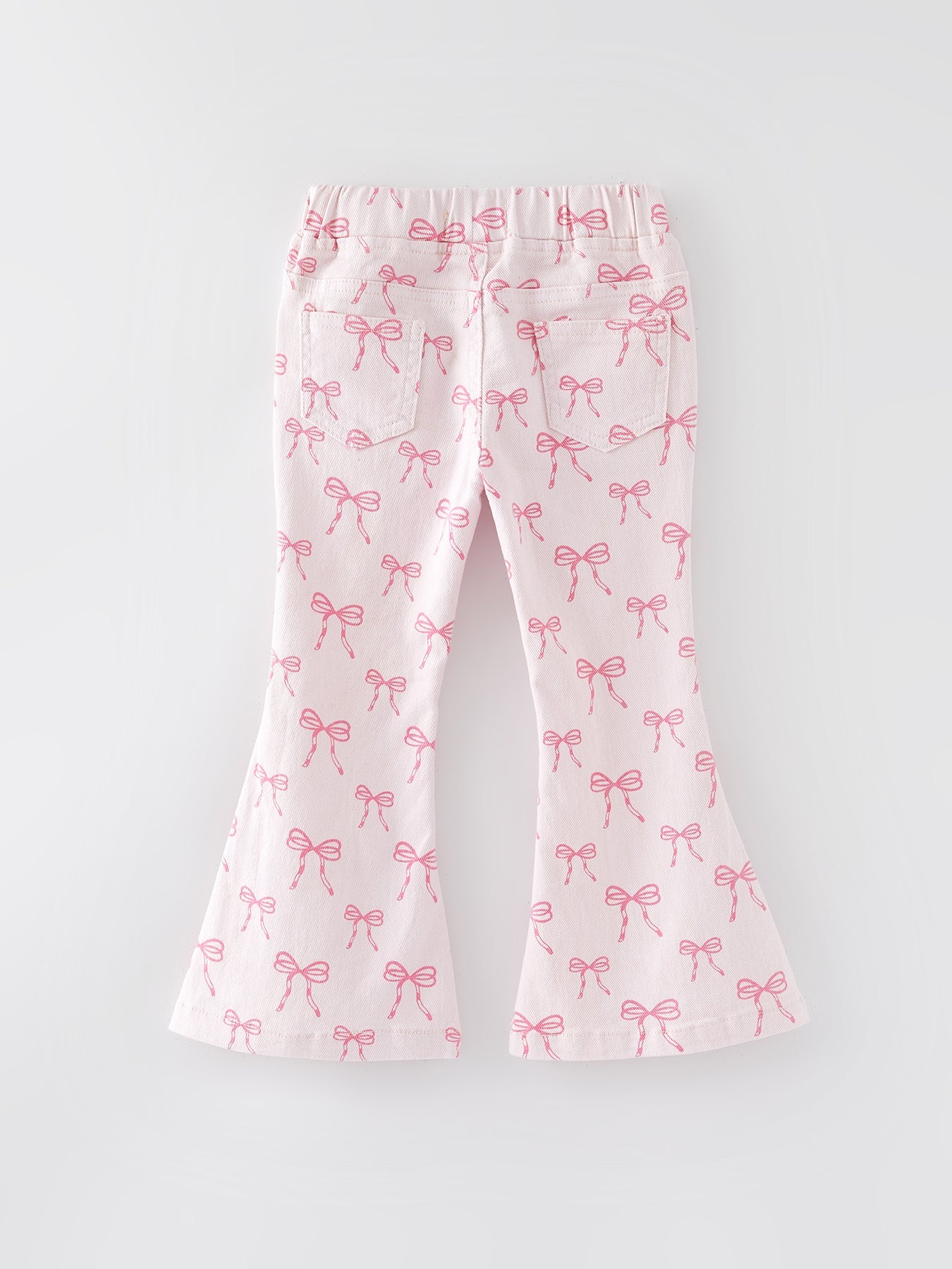 Fall Girls Pink Bow Print Elastic Flared Jeans Denim Pants