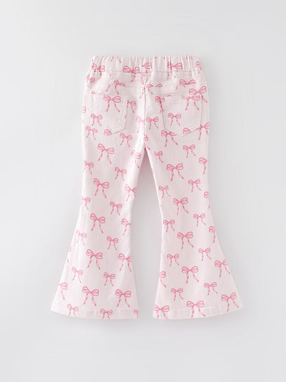 Fall Girls Pink Bow Print Elastic Flared Jeans Denim Pants