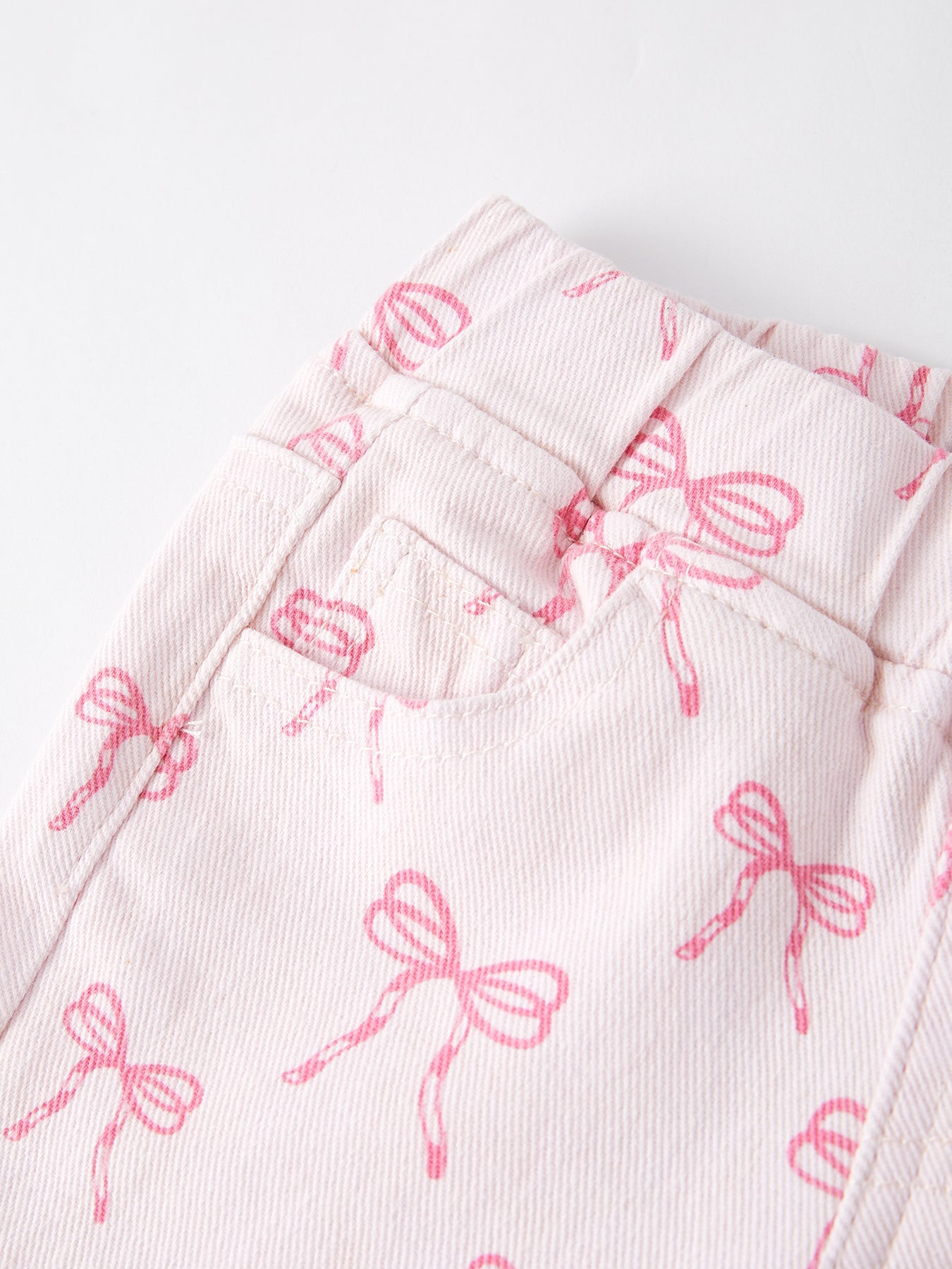 Fall Girls Pink Bow Print Elastic Flared Jeans Denim Pants