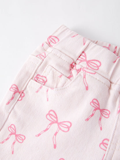 Fall Girls Pink Bow Print Elastic Flared Jeans Denim Pants