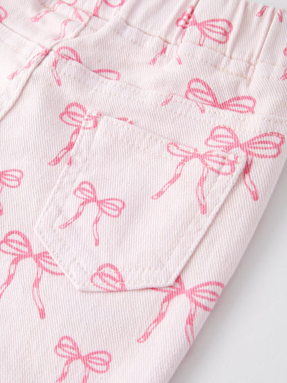 Fall Girls Pink Bow Print Elastic Flared Jeans Denim Pants