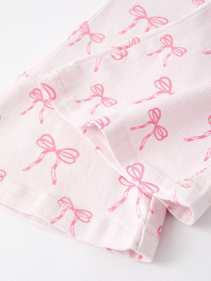 Fall Girls Pink Bow Print Elastic Flared Jeans Denim Pants