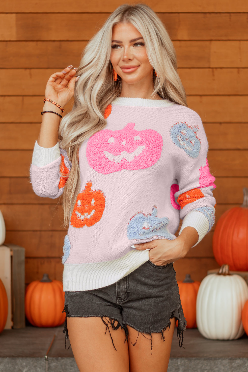 Beige Halloween Pumpkin Pattern Sweater