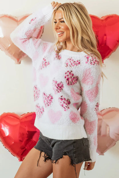 Heart Sweater – Pink Leopard Heart Fuzzy Pearled Knit