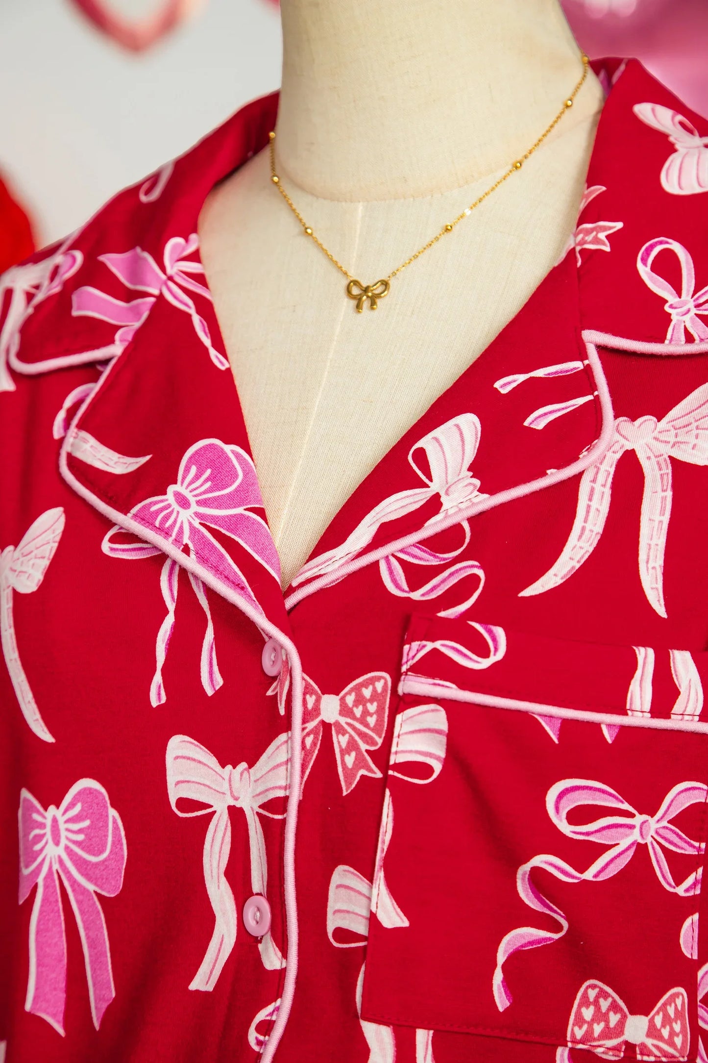 Red Sweet Bow Pajamas Ruffled Shirt Shorts Set