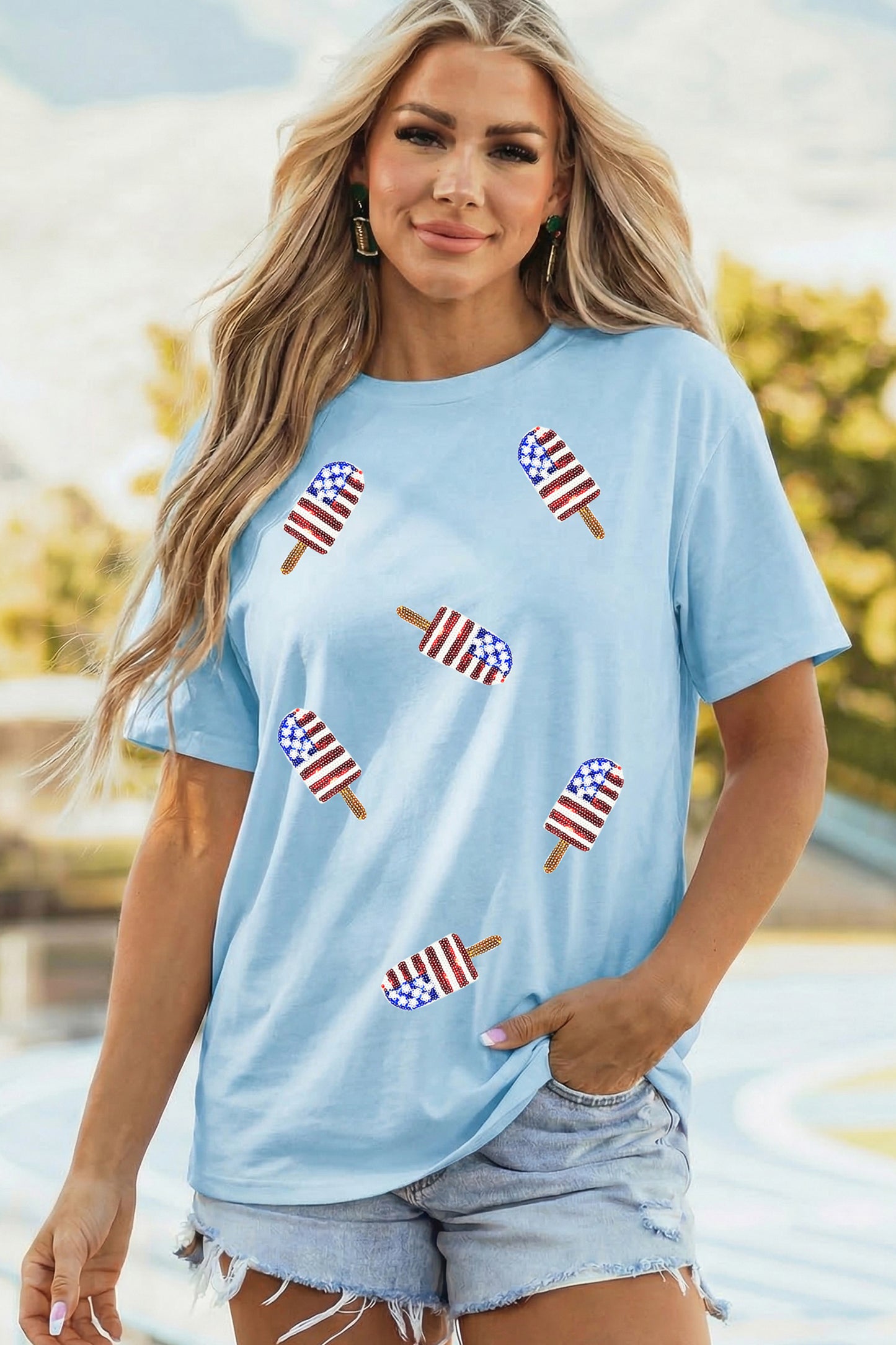 Light Blue Patriotic Sequin Popsicle T-Shirt