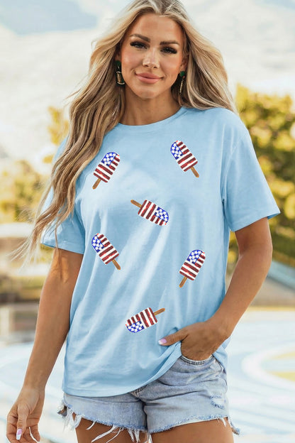 Light Blue Patriotic Sequin Popsicle T-Shirt