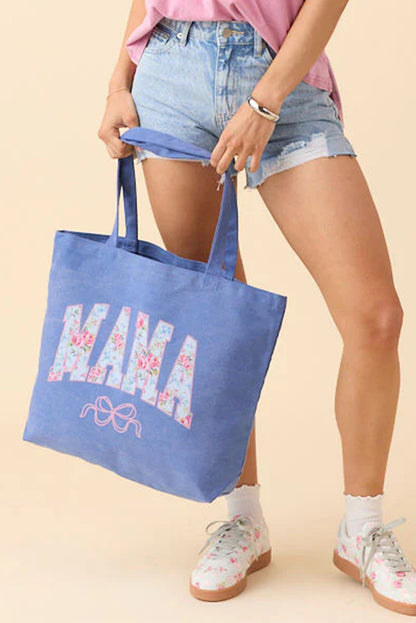 Blue Floral Mama Bow Canvas Tote Bag