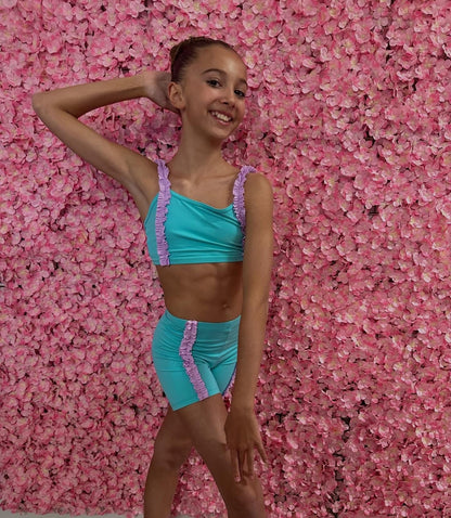 Custom Made Mint & Lilac Ruffle Girls Dancewear Short Set