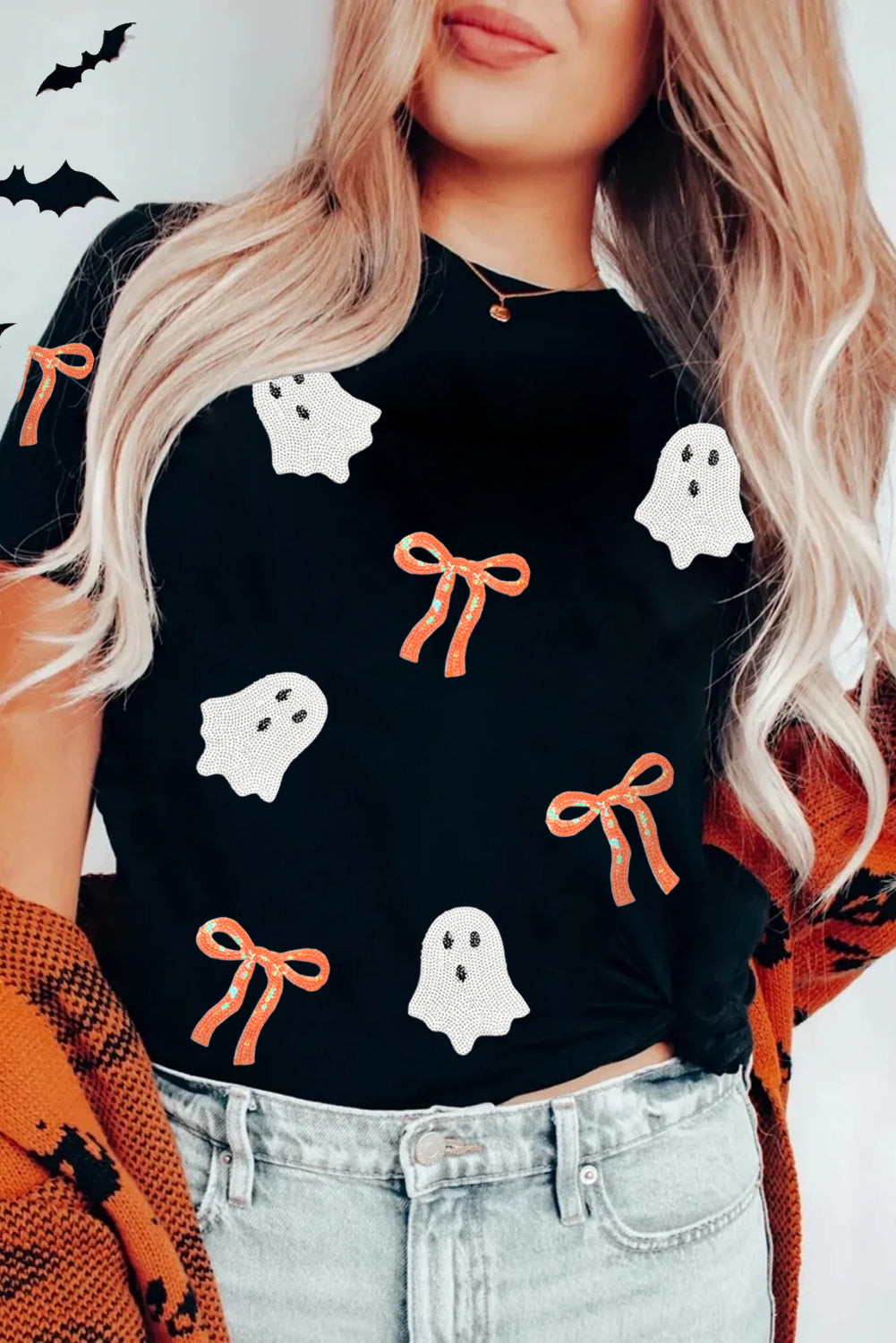 Bow Ghost Halloween Tee | Black Sequin Graphic Shirt