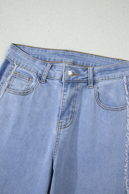 Beau Blue Contrast Stripe Frayed Side Panel Patchwork Jeans