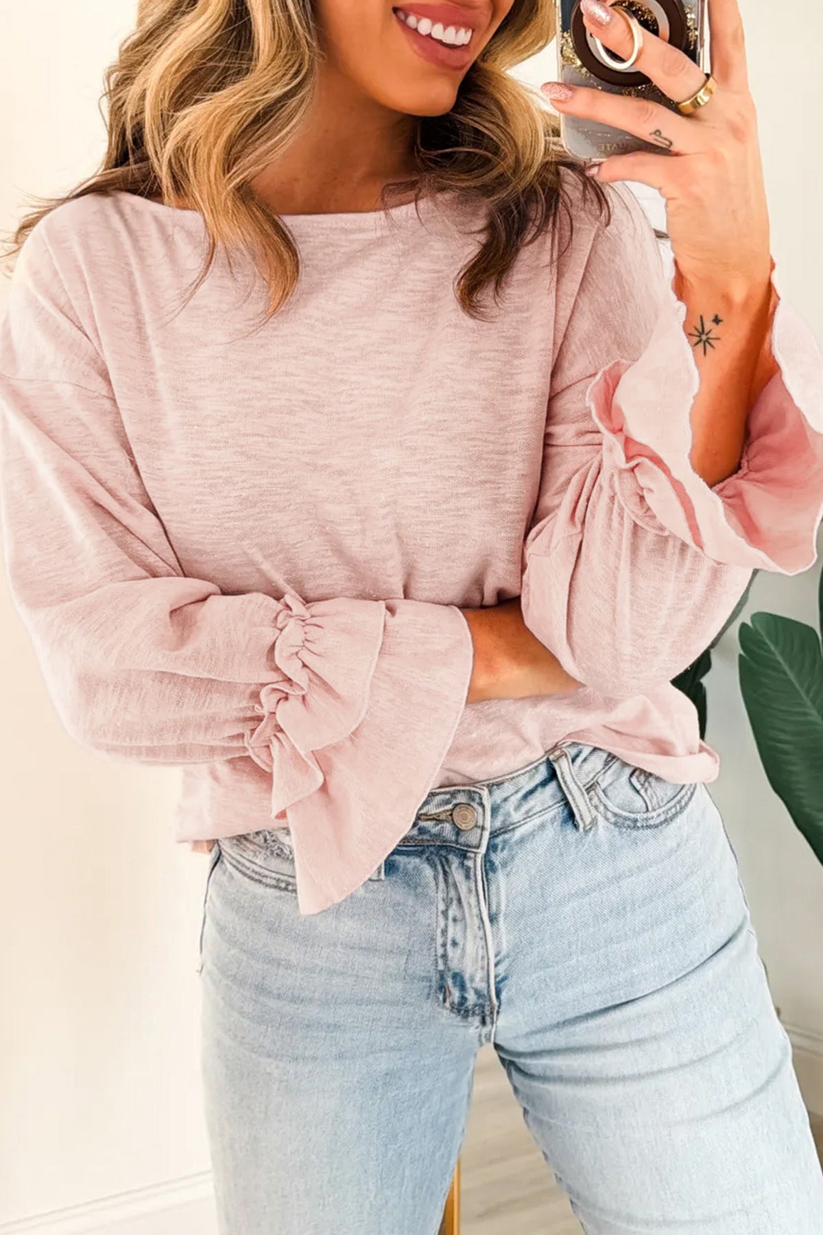 Gossamer Pink Long Sleeve Ruffle Cuff Top