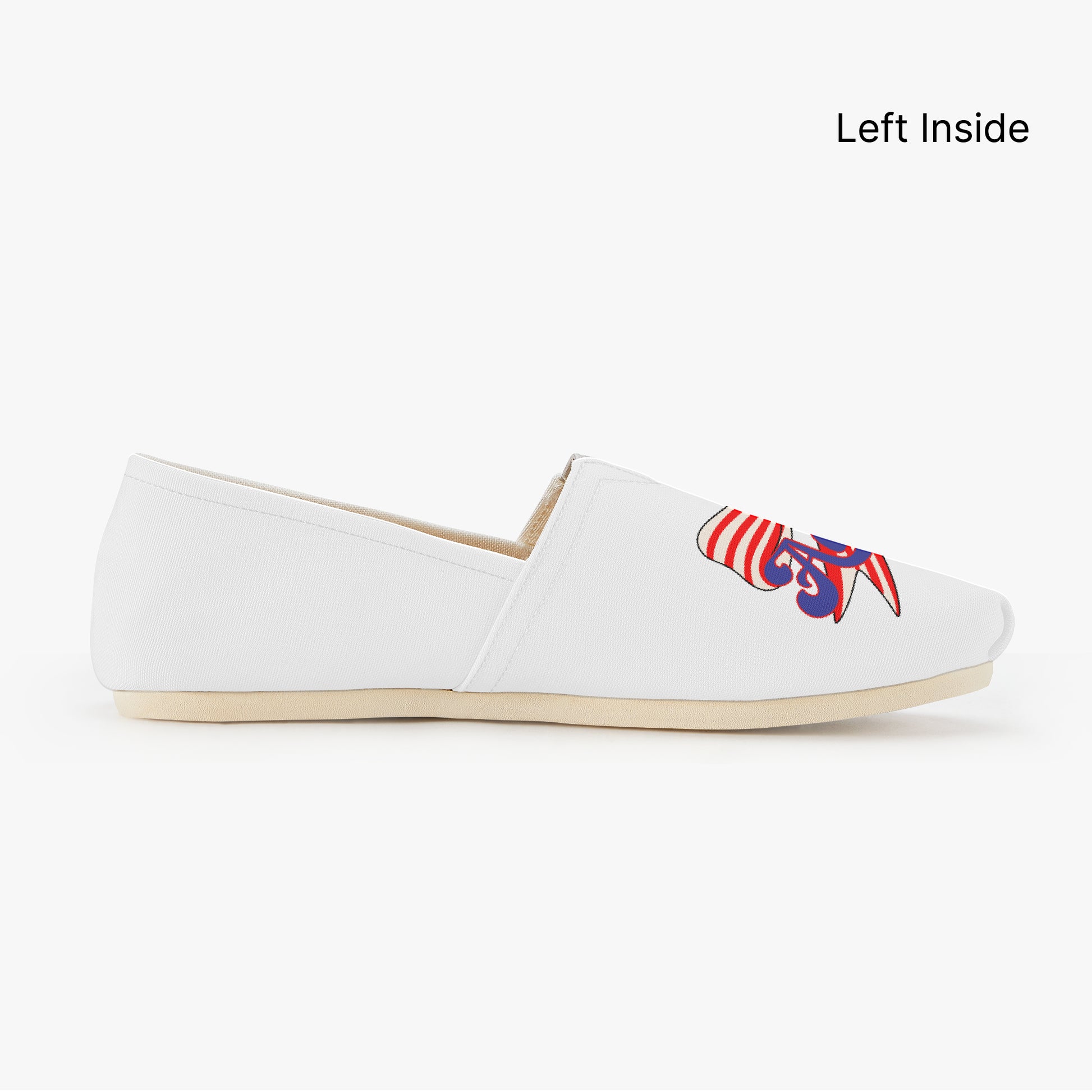 White shoes with red, white, and blue America text and red and white strip bow designs - Left inside of shoe