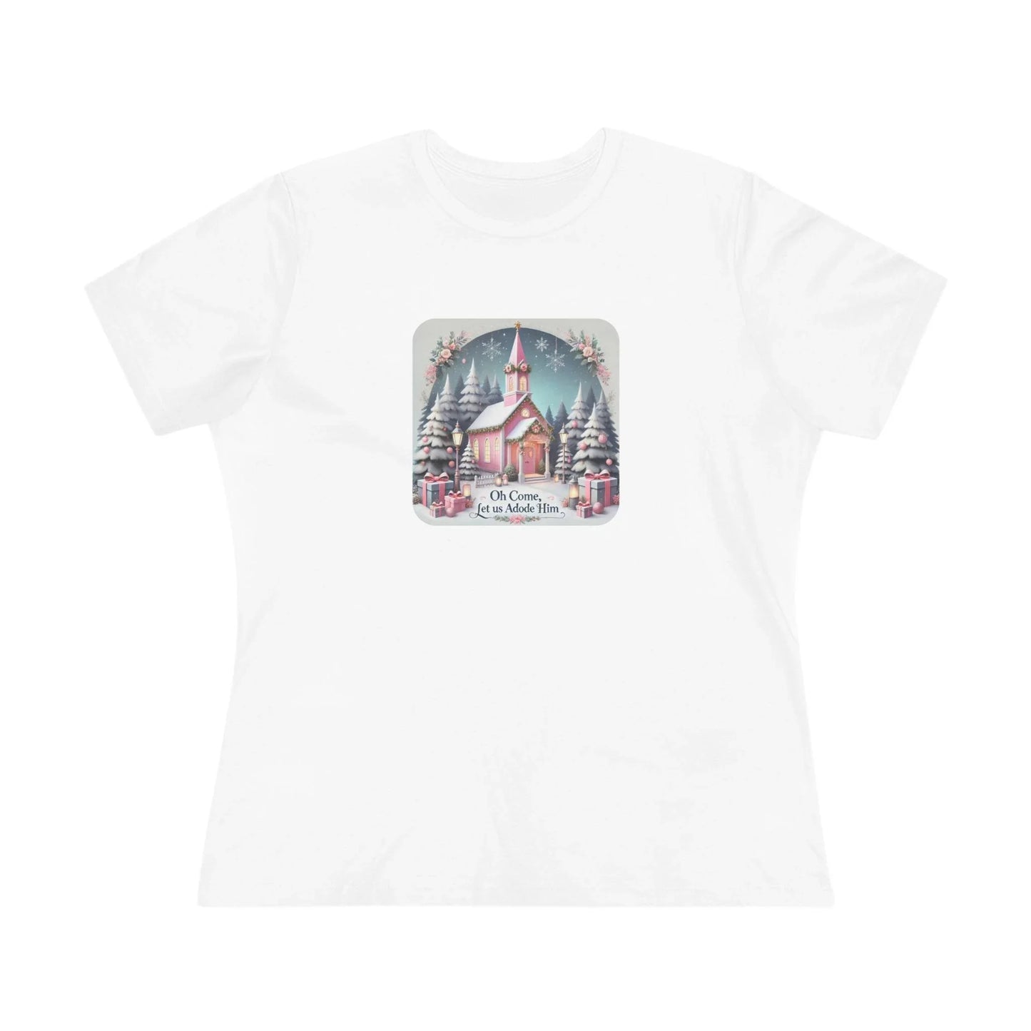 💖⛪ Pink Church - Oh Come, Let Us Adore Him ❄️🎁 - Women's Softstyle Tee - Whippie's