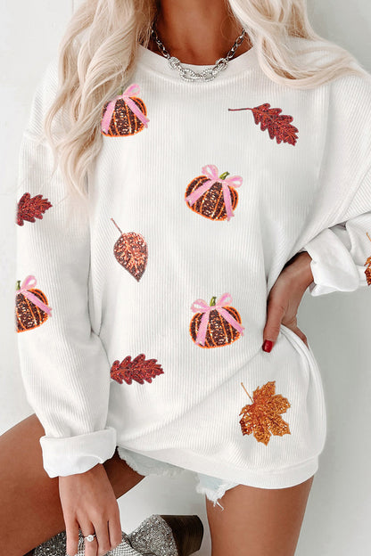 White Sequin Pumpkin Leaf Corded Oversized Sweatshirt