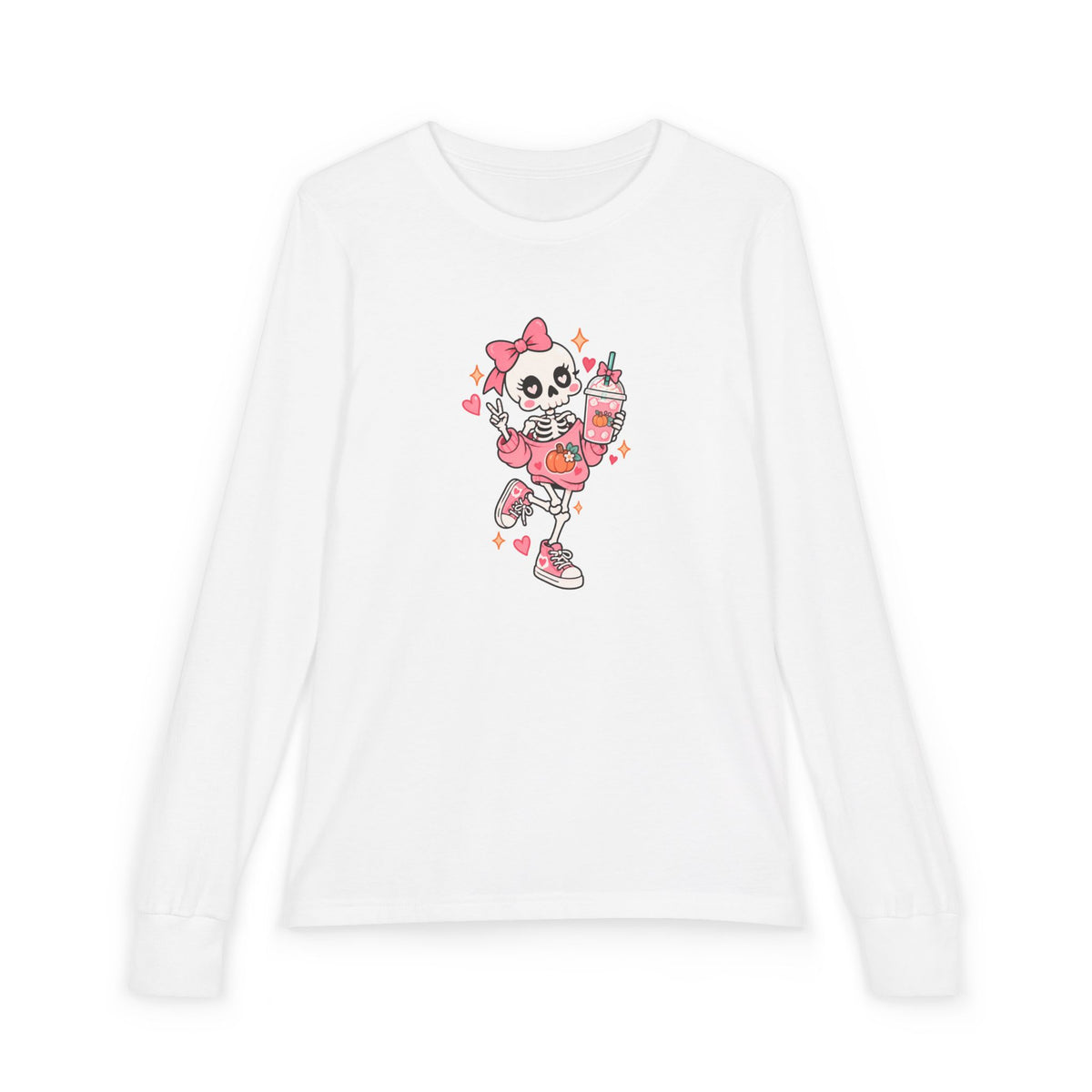 Pumpkin Spice Skeleton Cute Halloween Shirt | Youth Long Sleeve