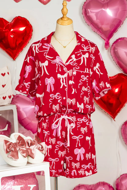 Red Sweet Bow Pajamas Ruffled Shirt Shorts Set