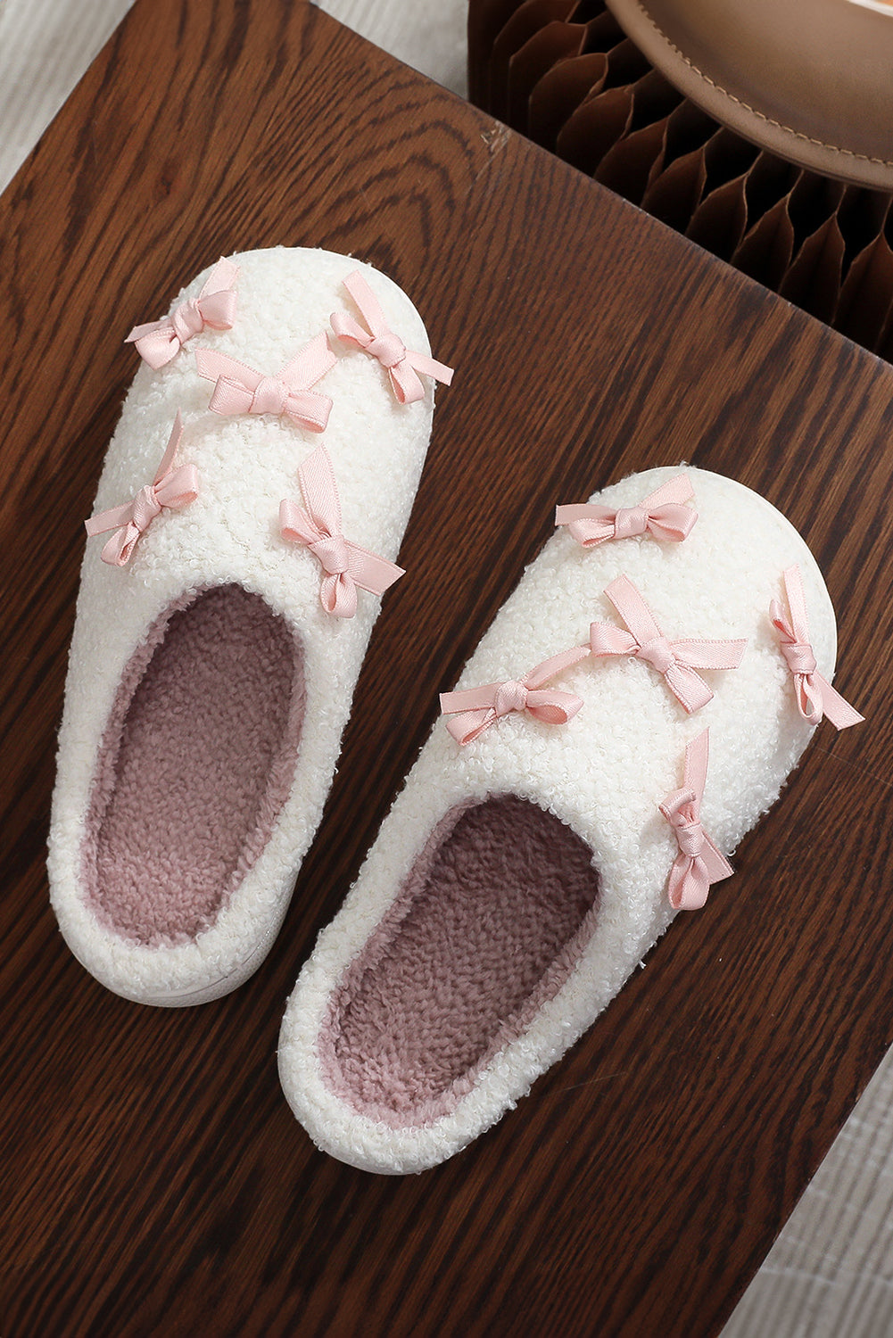 White Ribbed Bow Plush House Slippers