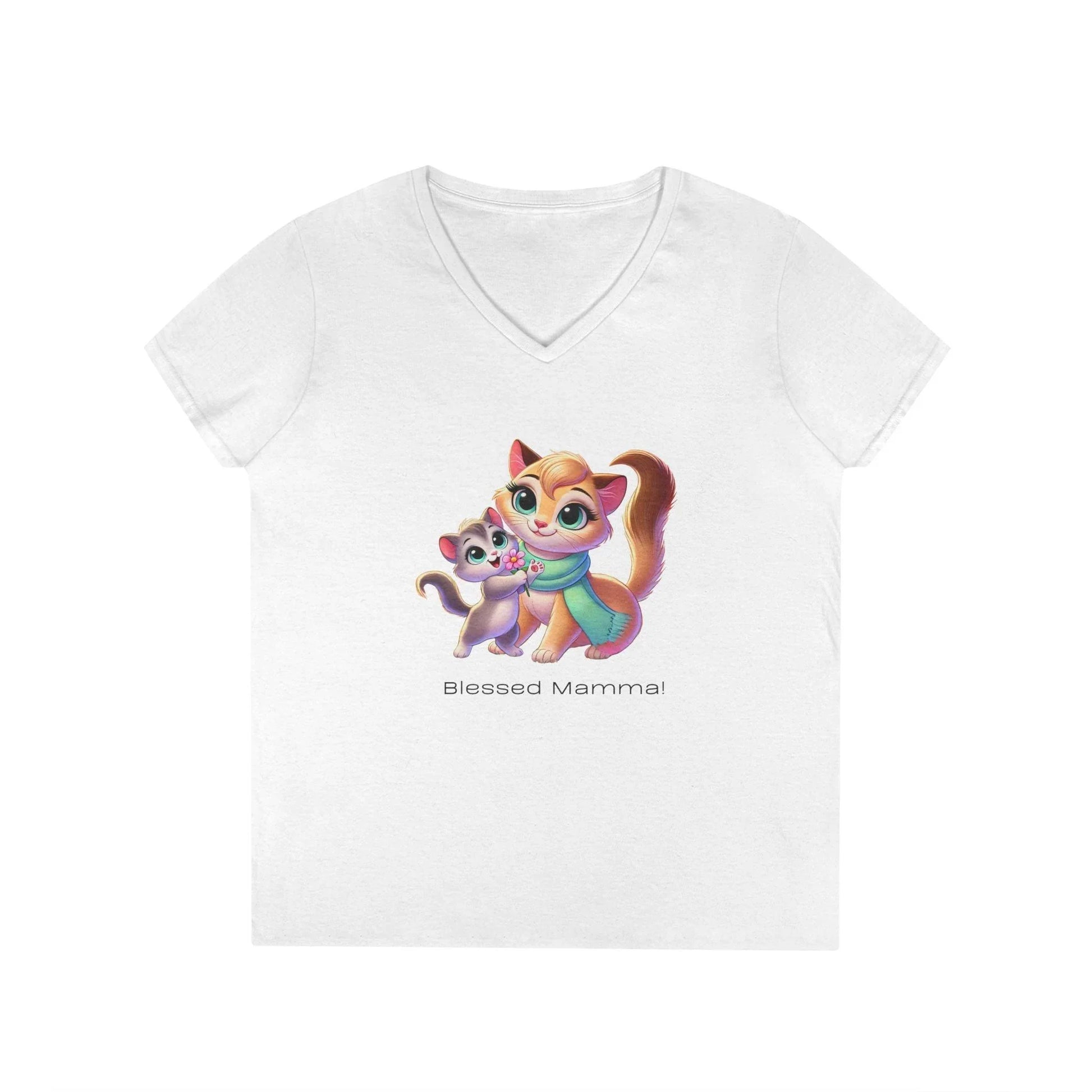 Blessed Mamma - Cat and Kitten 🐱💐 Ladies' V-Neck Tee 💖 - Whippie's