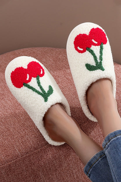 White Cherry Pattern Winter Plush Slippers