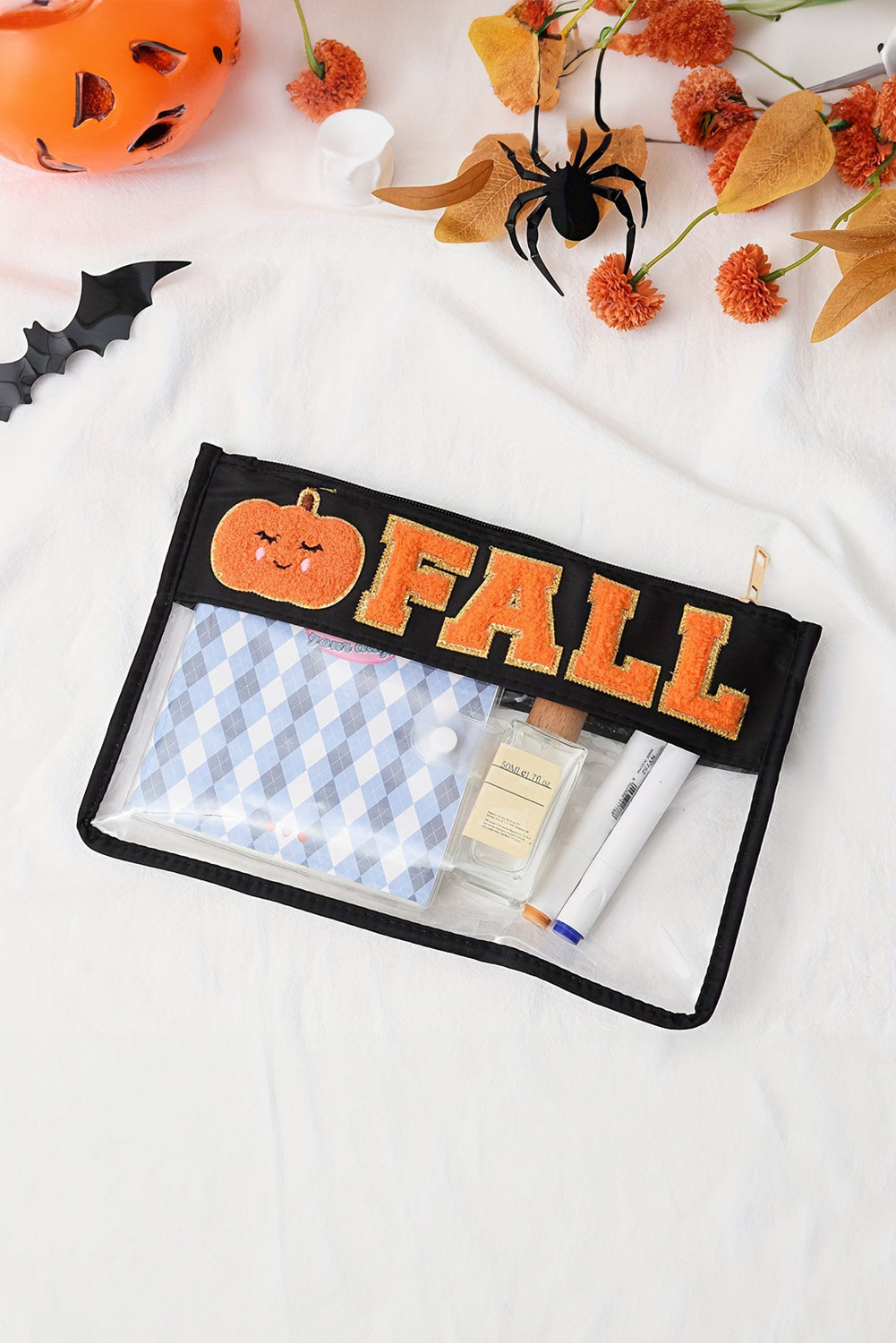 Orange Fall Pumpkin Chenille Clear Zip Pouch