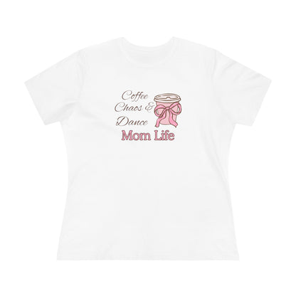 White t-shirt with 'Coffee Chaos & Dance Mom Life' text and graphic on a white background