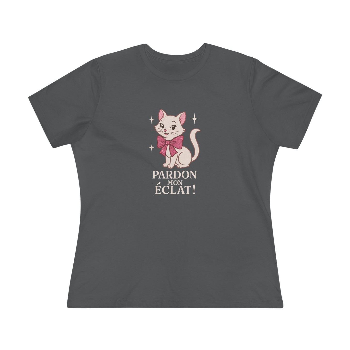 Pardon Mon Éclat White Sparkly Cat with Pink Bow Women's Tee