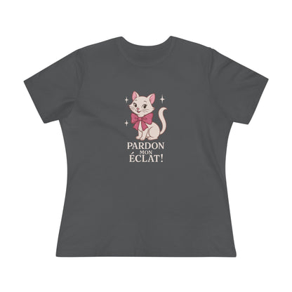 Pardon Mon Éclat White Sparkly Cat with Pink Bow Women's Tee