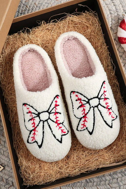 White Bow Knot Rugby Plush Warm Slippers