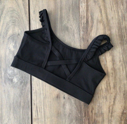 Phoenix Black Ruffle Top girls dance top detail view