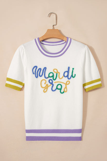 Mardi Gras Sweater | Tinsel Letter Short Sleeve Sweater