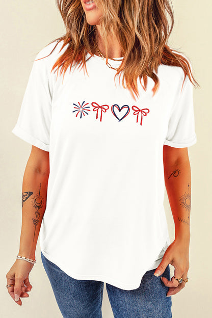 White Love July 4th Firework Bow Embroidered T-Shirt