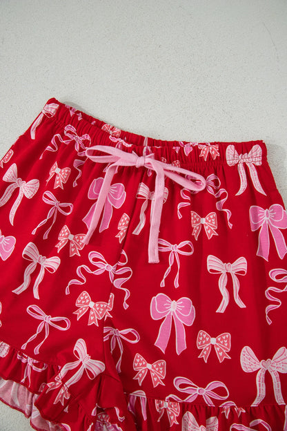 Red Sweet Bow Pajamas Ruffled Shirt Shorts Set